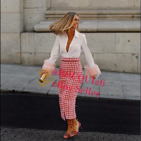 Zara TWEED TEXTURED WEAVE HOUNDSTOOTH
High-waist Midi Skirt Front Slit Pink NEW - Picture 4 of 16